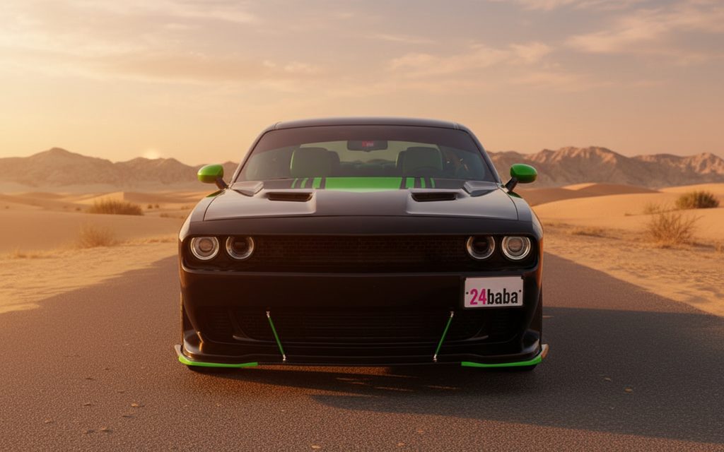 Dodge Challenger 2025 Black front view with headlights – rental in Dubai