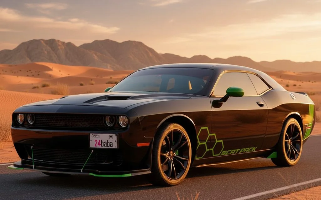 Dodge Challenger 2025 Black front view with headlights – rental in Dubai