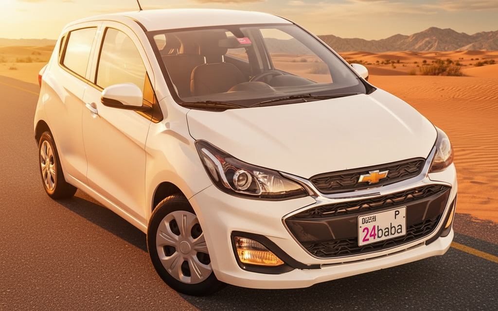 Chevrolet Spark 2020 White front view with headlights – rental in Dubai