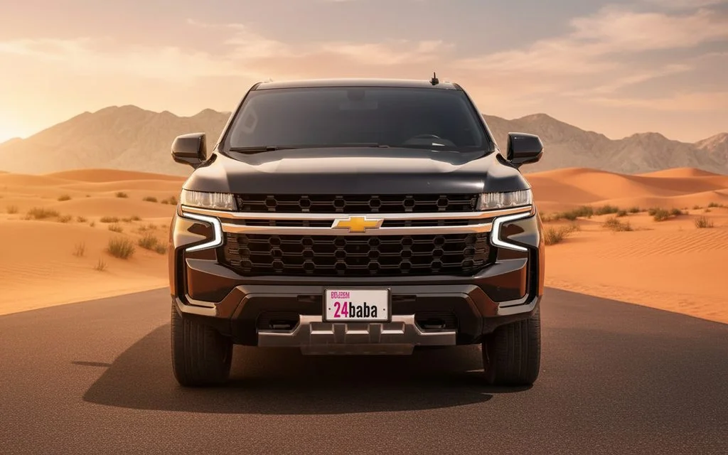Chevrolet Suburban 2021 Black front view with headlights – rental in Dubai