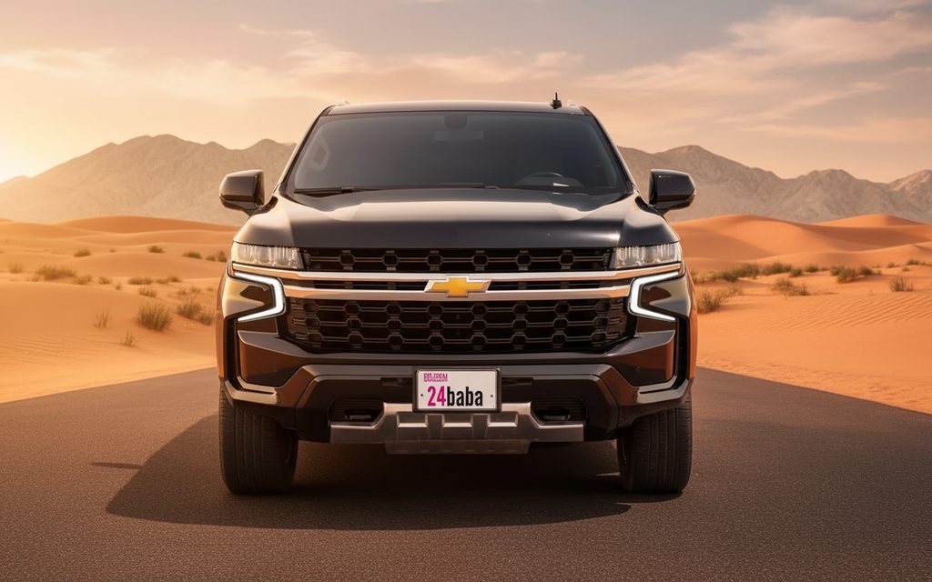 Chevrolet Suburban 2021 Black front view with headlights – rental in Dubai