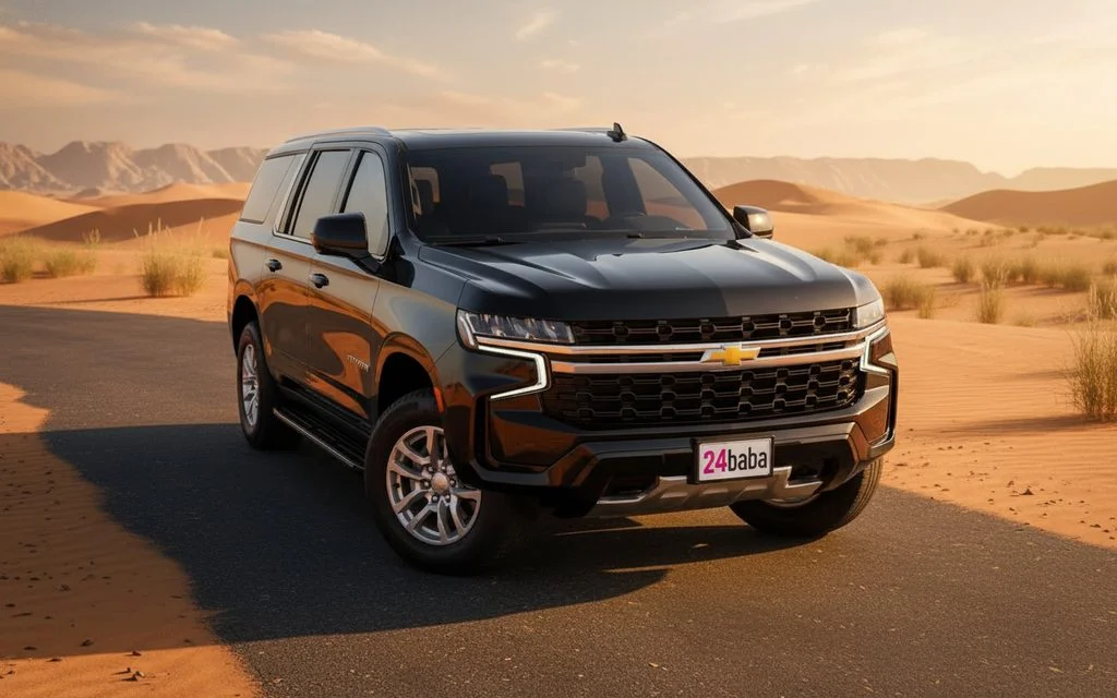 Chevrolet Suburban 2021 Black front view with headlights – rental in Dubai