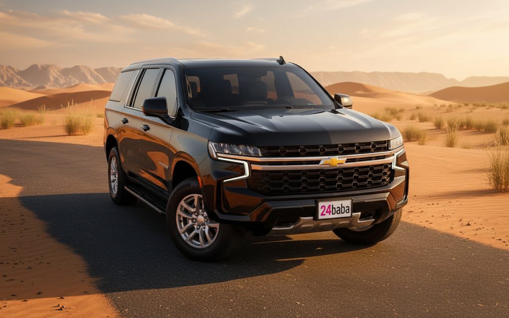 Chevrolet Suburban 2021 Black front view with headlights – rental in Dubai