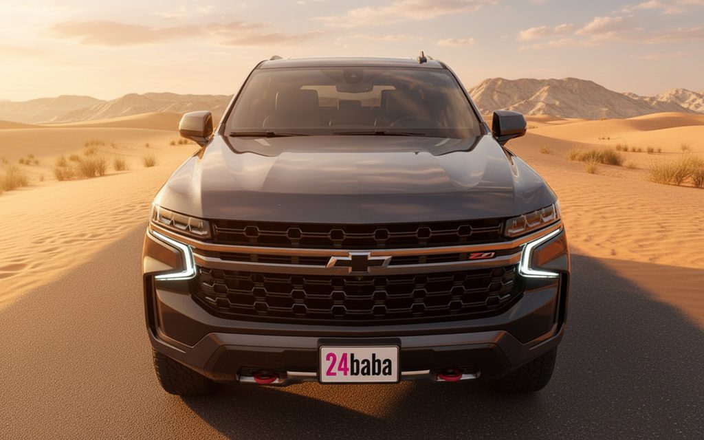 Chevrolet Suburban 2023 Dark Gray front view with headlights – rental in Dubai