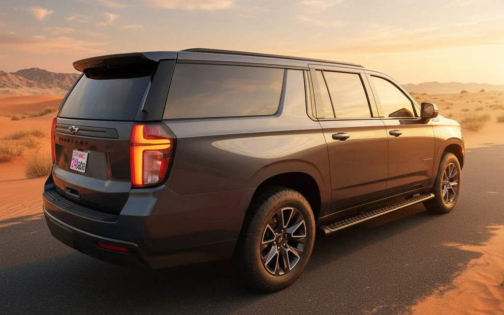 Chevrolet Suburban 2023 Dark Gray rear view showing taillights – rental in Dubai