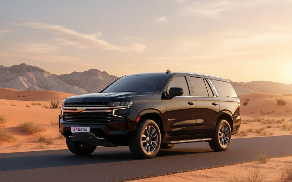 Chevrolet Tahoe 2022 Black front view with headlights – rental in Dubai