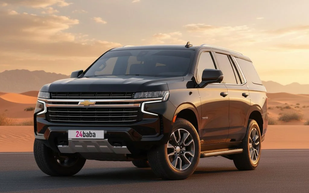 Chevrolet Tahoe 2022 Black front view with headlights – rental in Dubai
