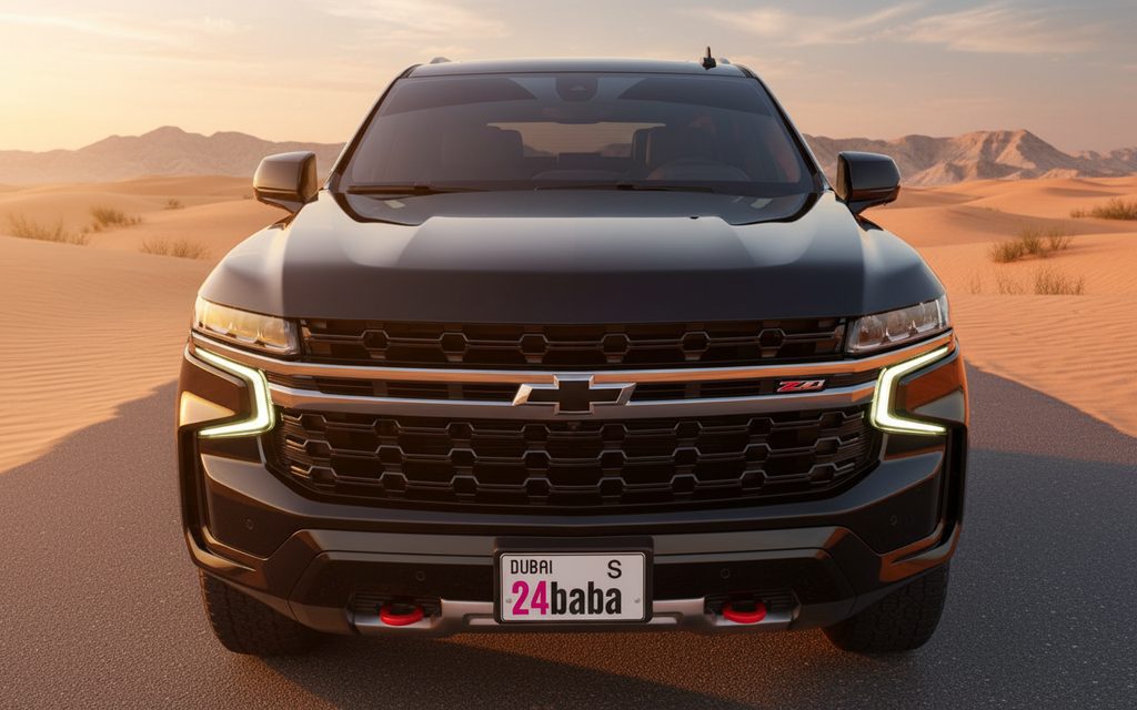 Chevrolet Tahoe 2023 Black front view with headlights – rental in Dubai