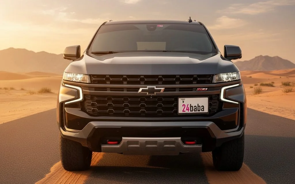 Chevrolet Tahoe 2021 Grey front view with headlights – rental in Dubai