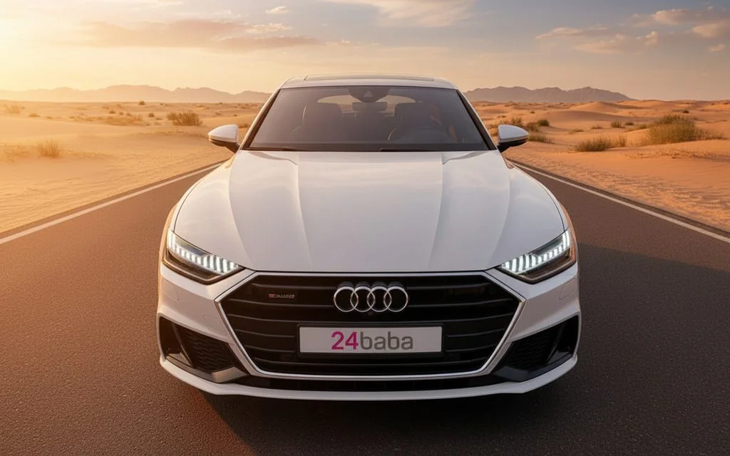 Audi A7 2023 White front view with headlights – rental in Dubai