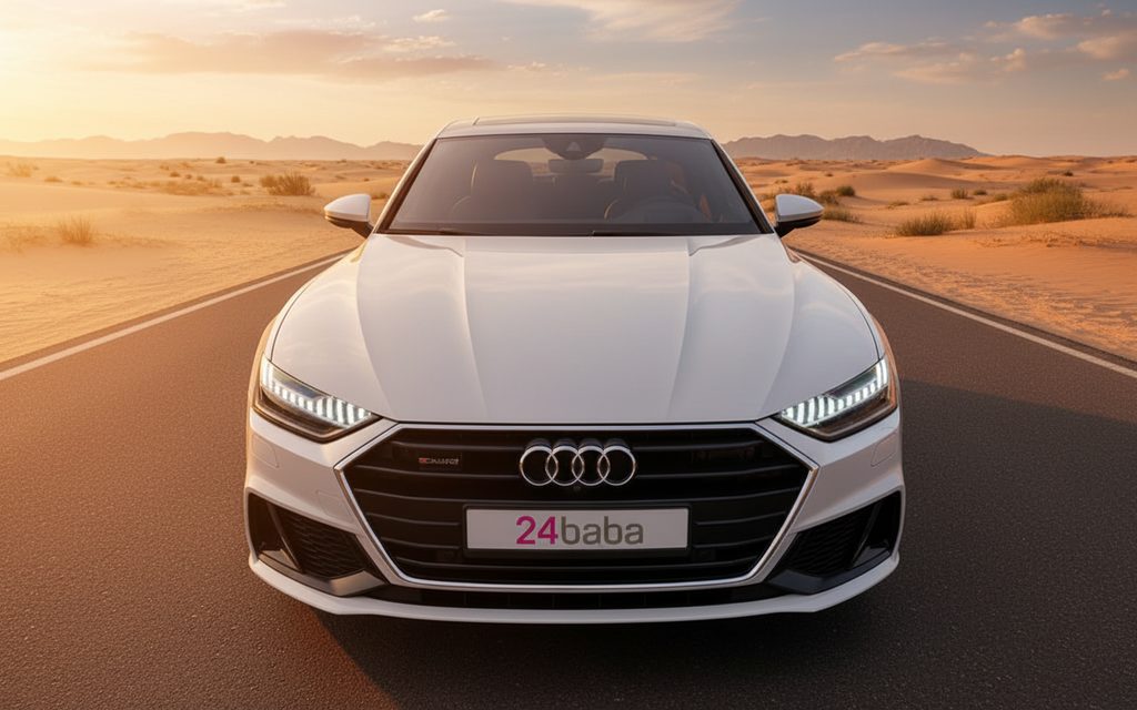 Audi A7 2023 White front view with headlights – rental in Dubai