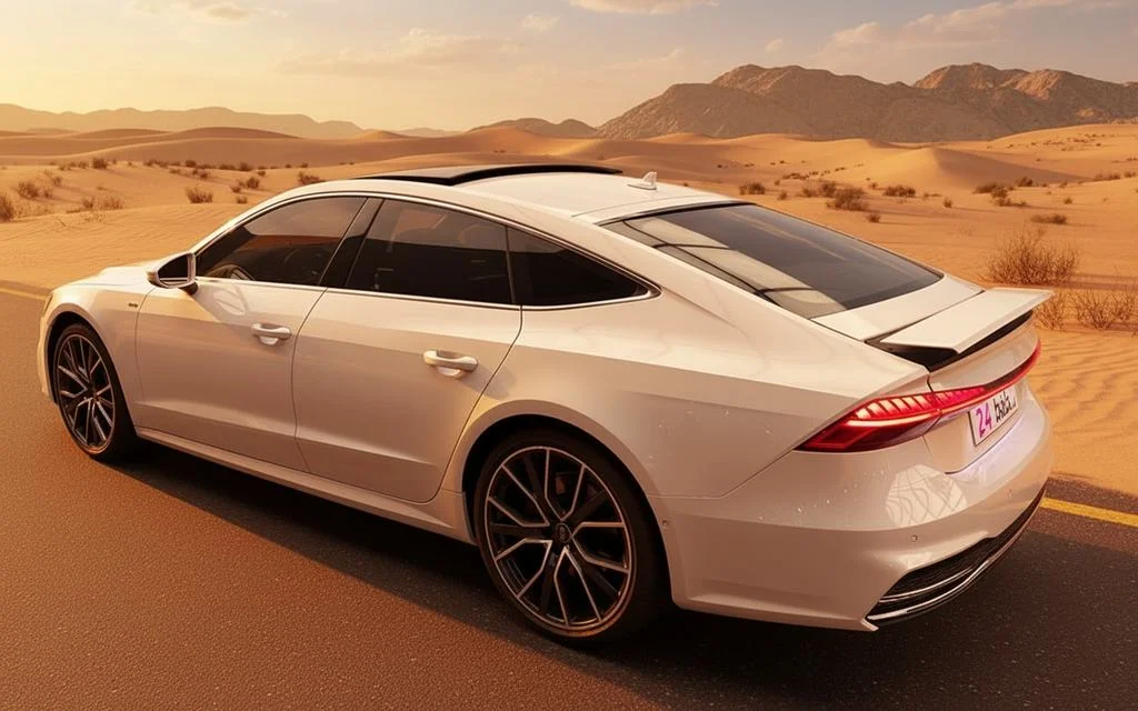 Audi A7 2023 White rear view showing taillights – rental in Dubai
