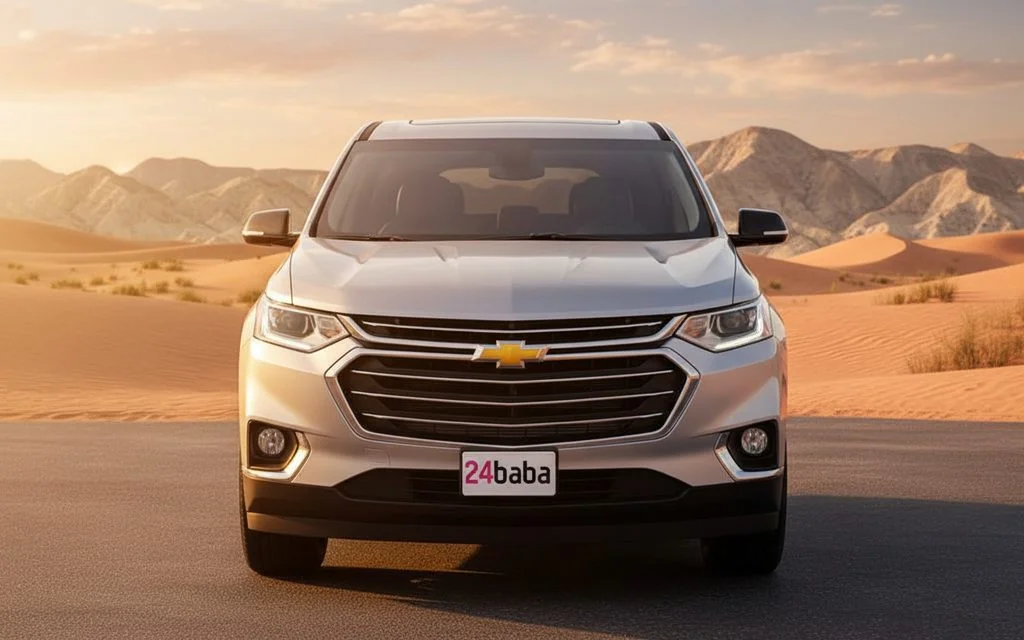 Chevrolet Traverse 2020 Silver front view with headlights – rental in Dubai