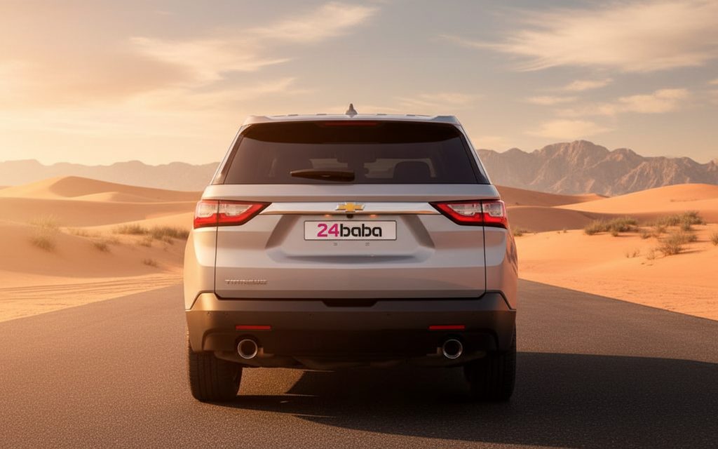 Chevrolet Traverse 2020 Silver rear view showing taillights – rental in Dubai