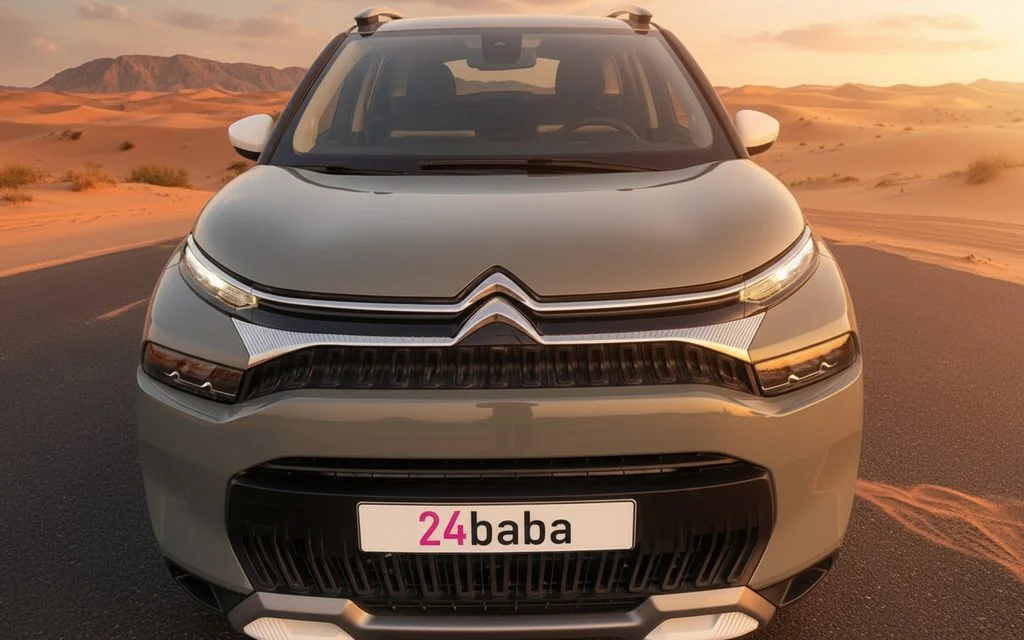 Citroen C3 2023 Grey front view with headlights – rental in Dubai