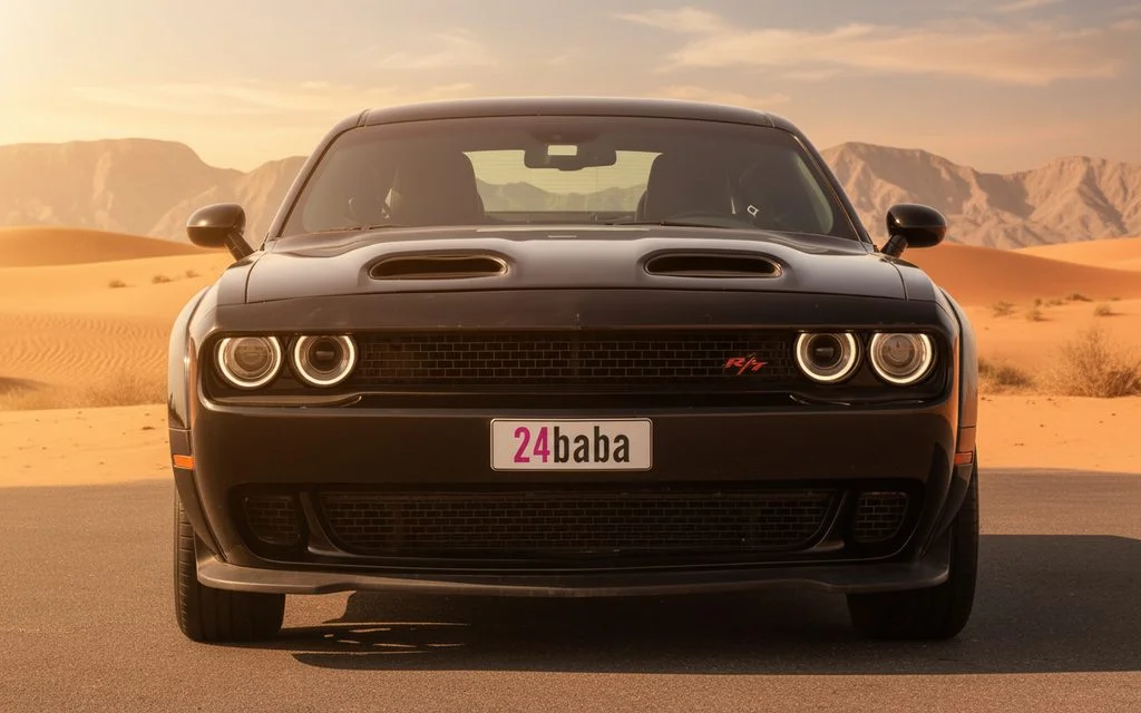 Dodge Challenger 2021 Black front view with headlights – rental in Dubai