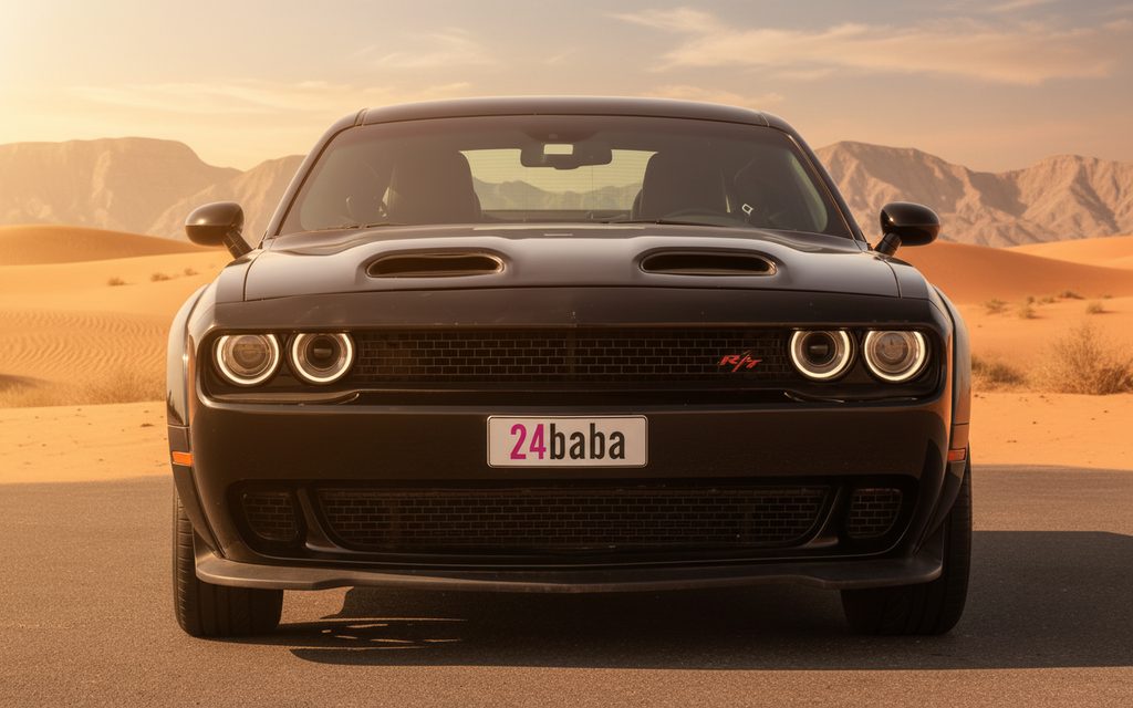 Dodge Challenger 2021 Black front view with headlights – rental in Dubai