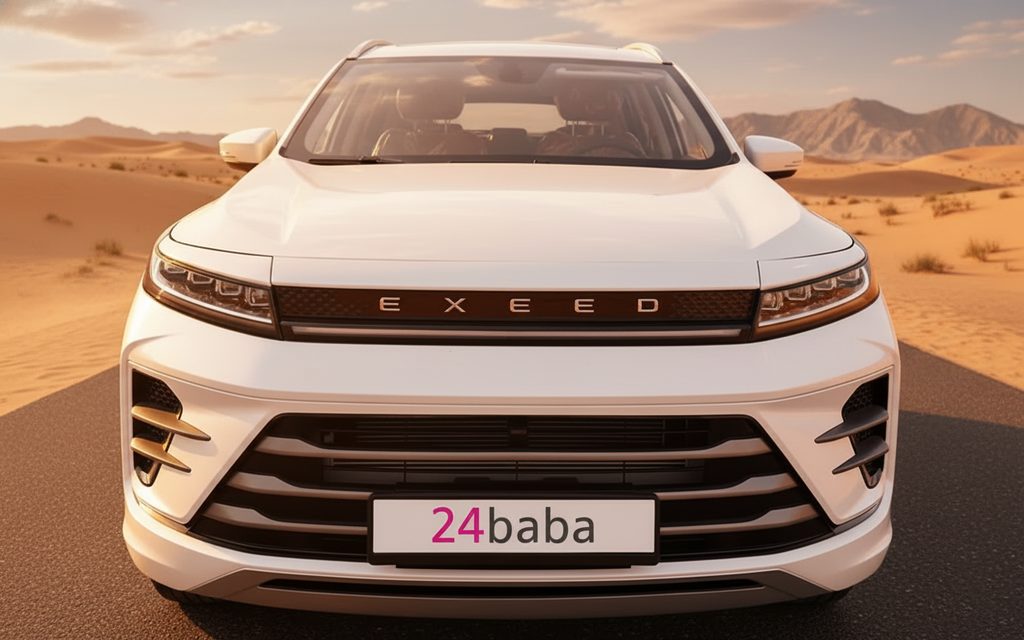 Exeed Lx 2024 White front view with headlights – rental in Dubai