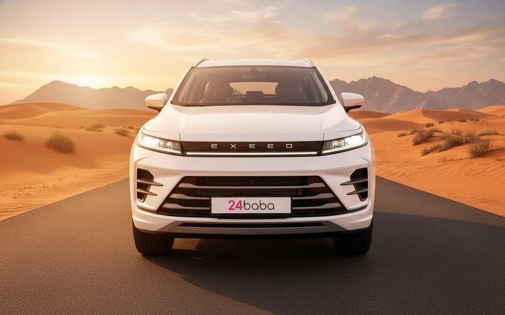 Exeed Lx 2024 White front view with headlights – rental in Dubai