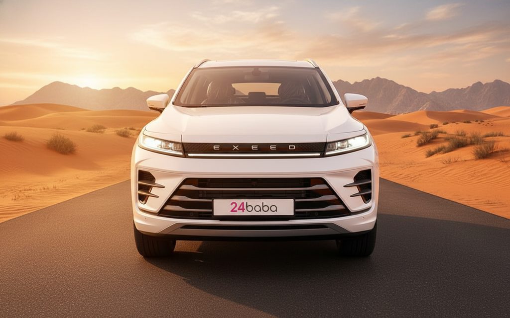 Exeed Lx 2024 White front view with headlights – rental in Dubai