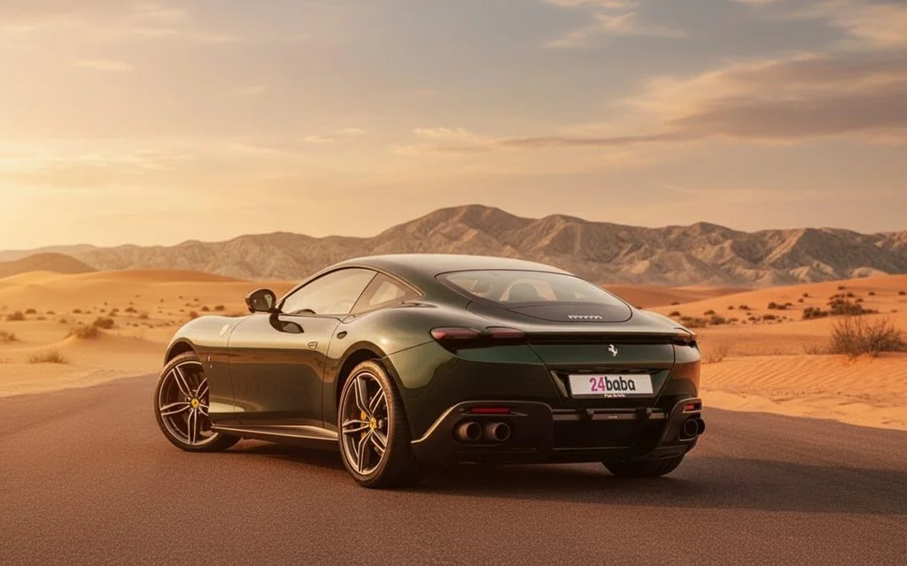 Ferrari Roma 2023 Green rear view showing taillights – rental in Dubai