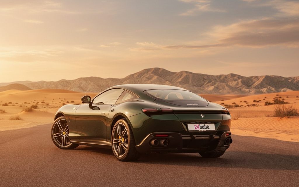 Ferrari Roma 2023 Green rear view showing taillights – rental in Dubai