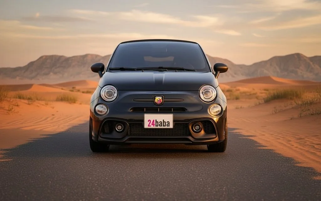 Fiat 500 2023 Black front view with headlights – rental in Dubai