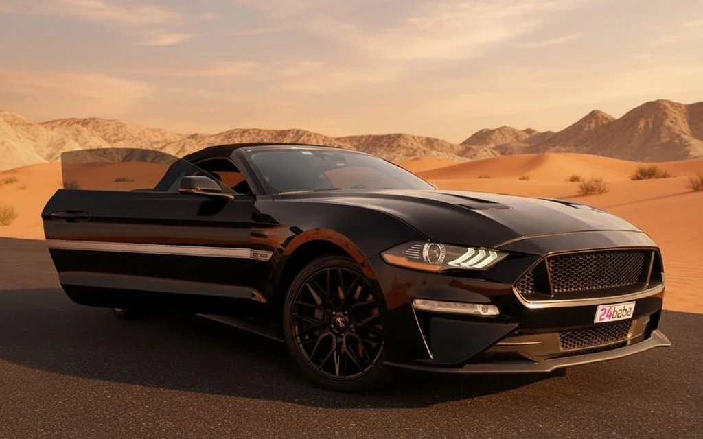 Ford Mustang 2022 Black front view with headlights – rental in Dubai