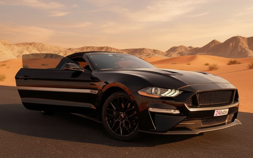 Ford Mustang 2022 Black front view with headlights – rental in Dubai