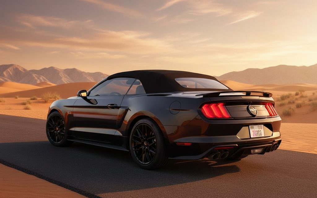 Ford Mustang 2022 Black rear view showing taillights – rental in Dubai