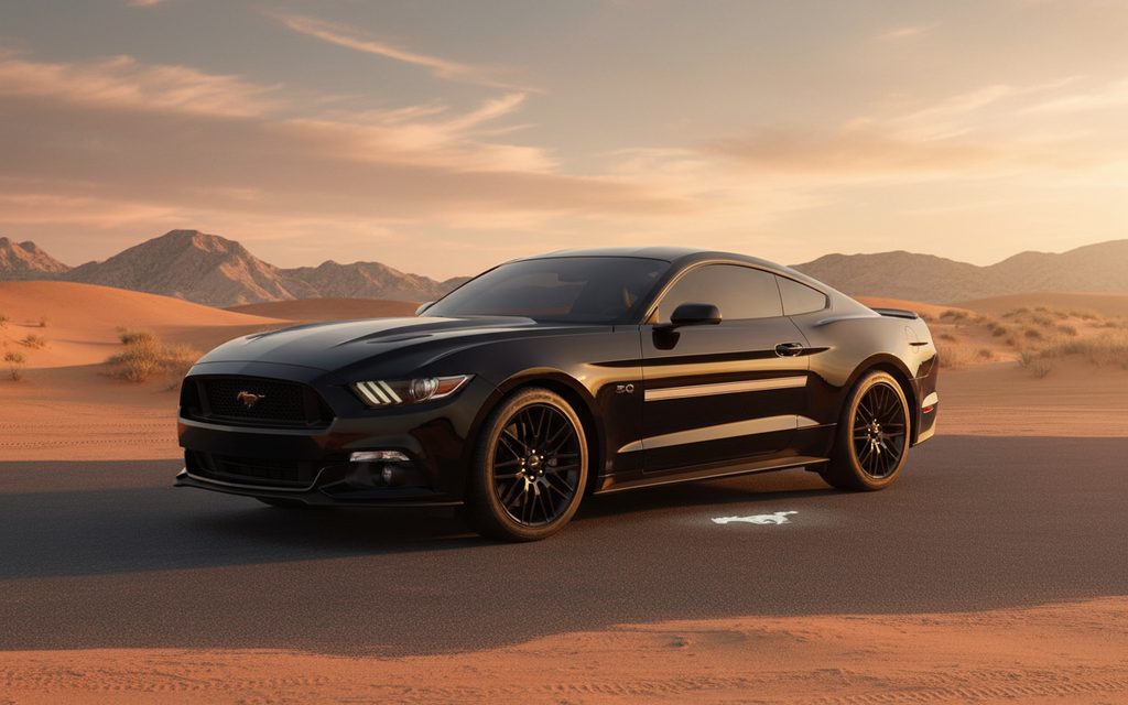 Ford Mustang 2022 Black front view with headlights – rental in Dubai