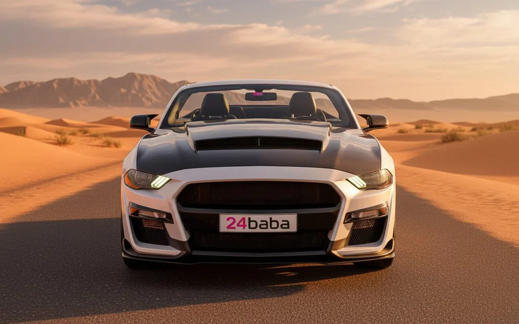 Ford Mustang 2025 White front view with headlights – rental in Dubai