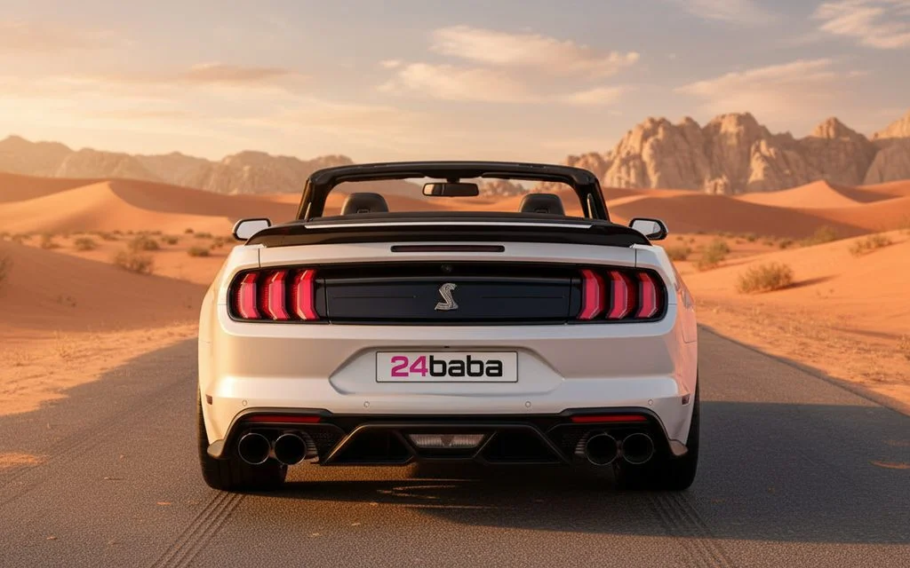 Ford Mustang 2025 White rear view showing taillights – rental in Dubai