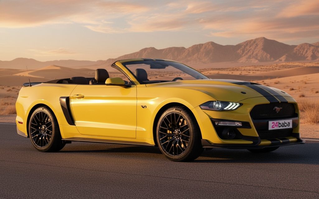 Ford Mustang 2021 Yellow front view with headlights – rental in Dubai