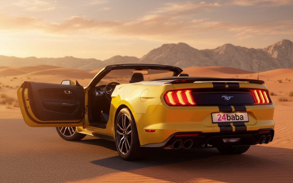 Ford Mustang 2021 Yellow rear view showing taillights – rental in Dubai