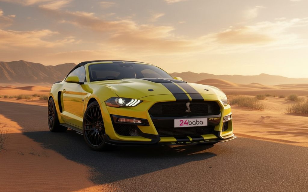Ford Mustang 2021 Yellow front view with headlights – rental in Dubai