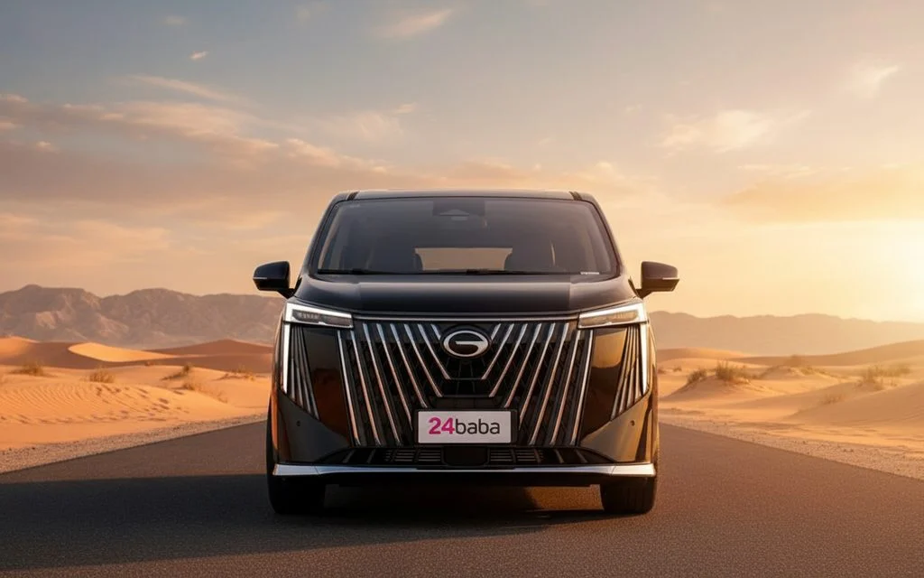 Gac M8 2023 Black front view with headlights – rental in Dubai