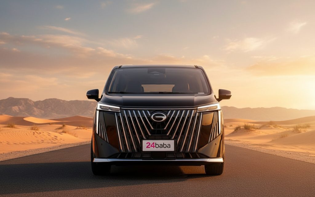 Gac M8 2023 Black front view with headlights – rental in Dubai