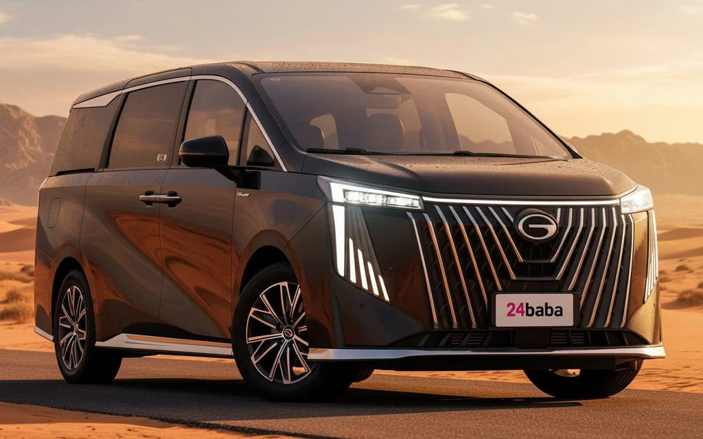 Gac M8 2023 Black front view with headlights – rental in Dubai