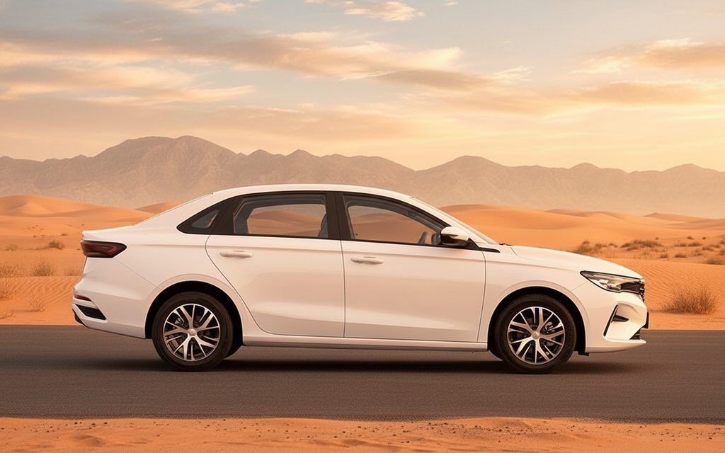 Geely Emgrand 2025 White side profile – rental in Dubai