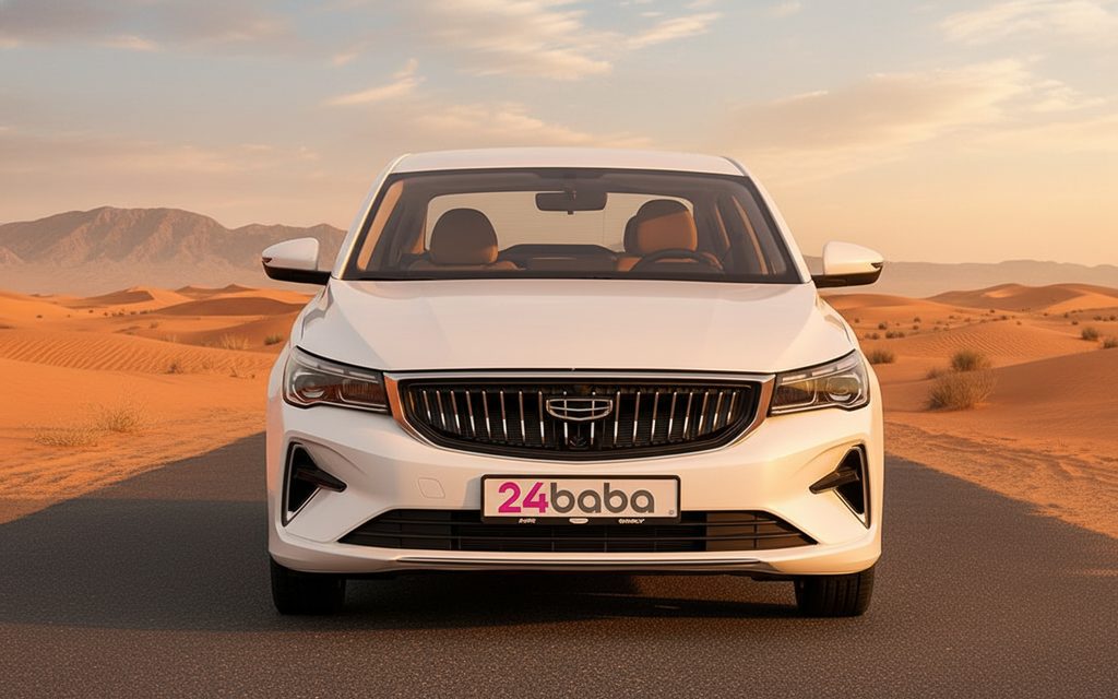 Geely Emgrand 2025 White front view with headlights – rental in Dubai