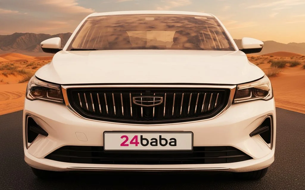 Geely Emgrand 2025 White front view with headlights – rental in Dubai