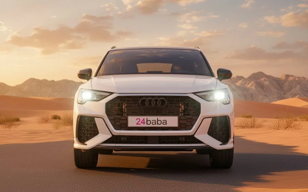 Audi Q3 2022 White front view with headlights – rental in Dubai
