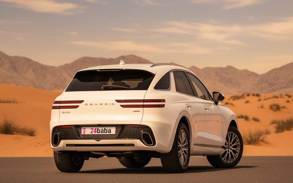 Genesis Gv70 2022 White rear view showing taillights – rental in Dubai
