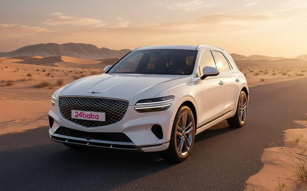 Genesis Gv70 2023 White front view with headlights – rental in Dubai