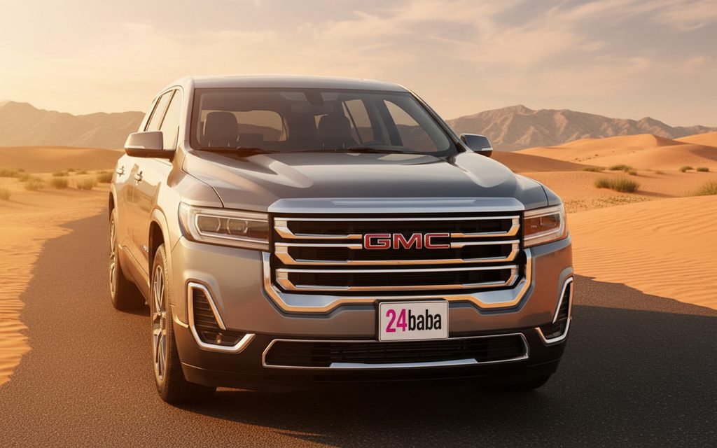 Gmc Acadia 2021 Grey front view with headlights – rental in Dubai