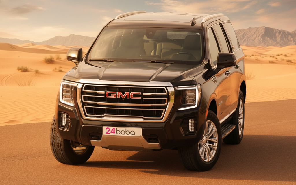 Gmc Yukon 2021 Black front view with headlights – rental in Dubai