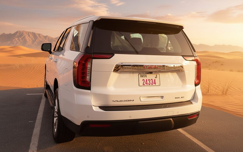 Gmc Yukon 2022 White rear view showing taillights – rental in Dubai