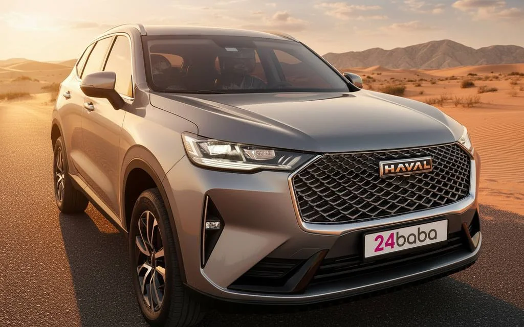 Haval H6 2024 Silver front view with headlights – rental in Dubai