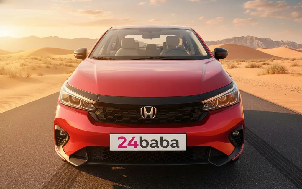 Honda City 2023 Red front view with headlights – rental in Dubai